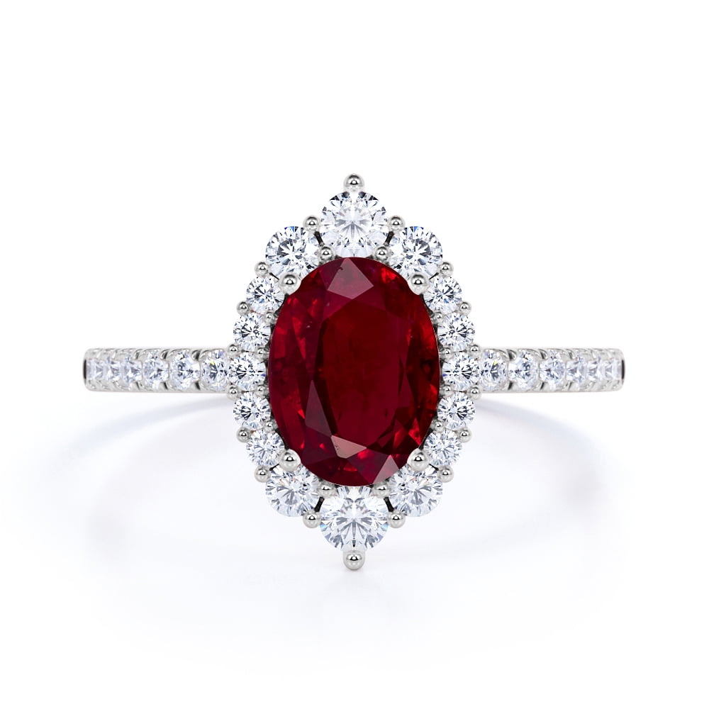 Luxury 5 Ct Red Ruby Moissanite Halo Ring Women Jewelry White Gold Plated