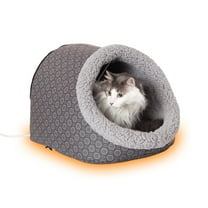 K&H Pet Products Thermo-Pet Cave Cat Bed Heated Gray/Geo Flower 17 X 15 X 13 Inches