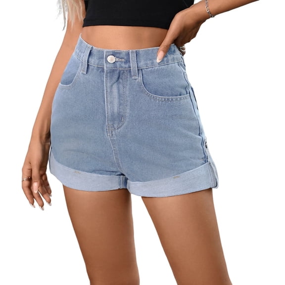 Women High Waist Pocketed Denim Shorts Light Blue XXL