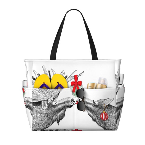 Easygdp Moose Kissing Under Mistletoe Bolsa de Viaje de Playa de Gran Capacidad, Bolsa Tote Perfecta para la Playa, Escapadas de Fin de Semana y Viajes