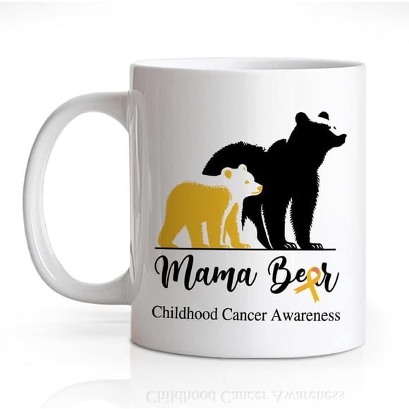 Childhood Cancer Awareness 11 Oz Novelty Mug, Cute Mama Bear Ceramic Mug, Mom of A Childhood Cancer Fighter Gifts, Golden Ribbon Coffee Mug, Remind Gifts for Mom, Inspirational Gifts for Patients