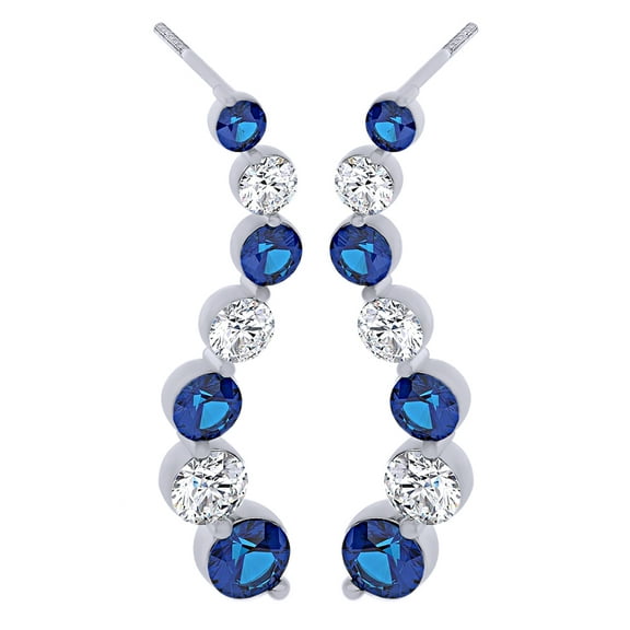 AFFY Round Cut Simulated Blue Sapphire, 0.40 Ct Natural Diamond Journey Drop Earrings In 14K Solid White Gold