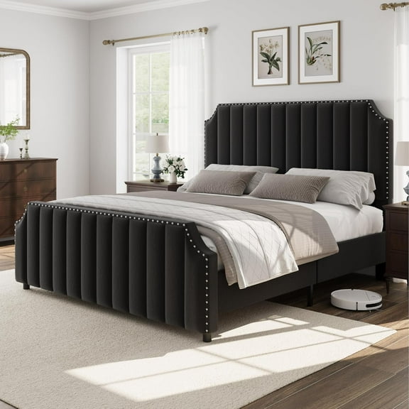 Garvee Queen Size Platform Bed Frame, Velvet Upholstered with 50.2" Channel Tufted Headboard, Nailhead Trim, Sturdy Wood Slats, No Box Spring Needed, Black