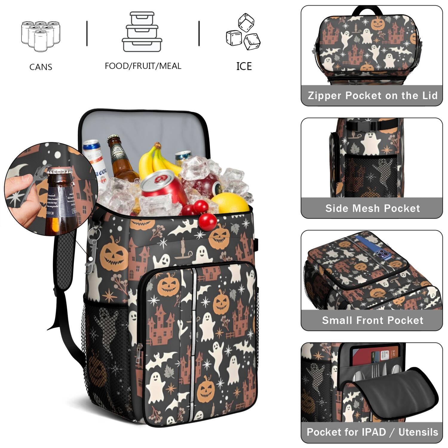 Travel Cooler Bag - Autumn Halloween Scene Pattern Camping Beer Cooler Backpack with Bottle Opener- Waterproof Insulated Picnic Backpacks - Cooler Bag for Beach