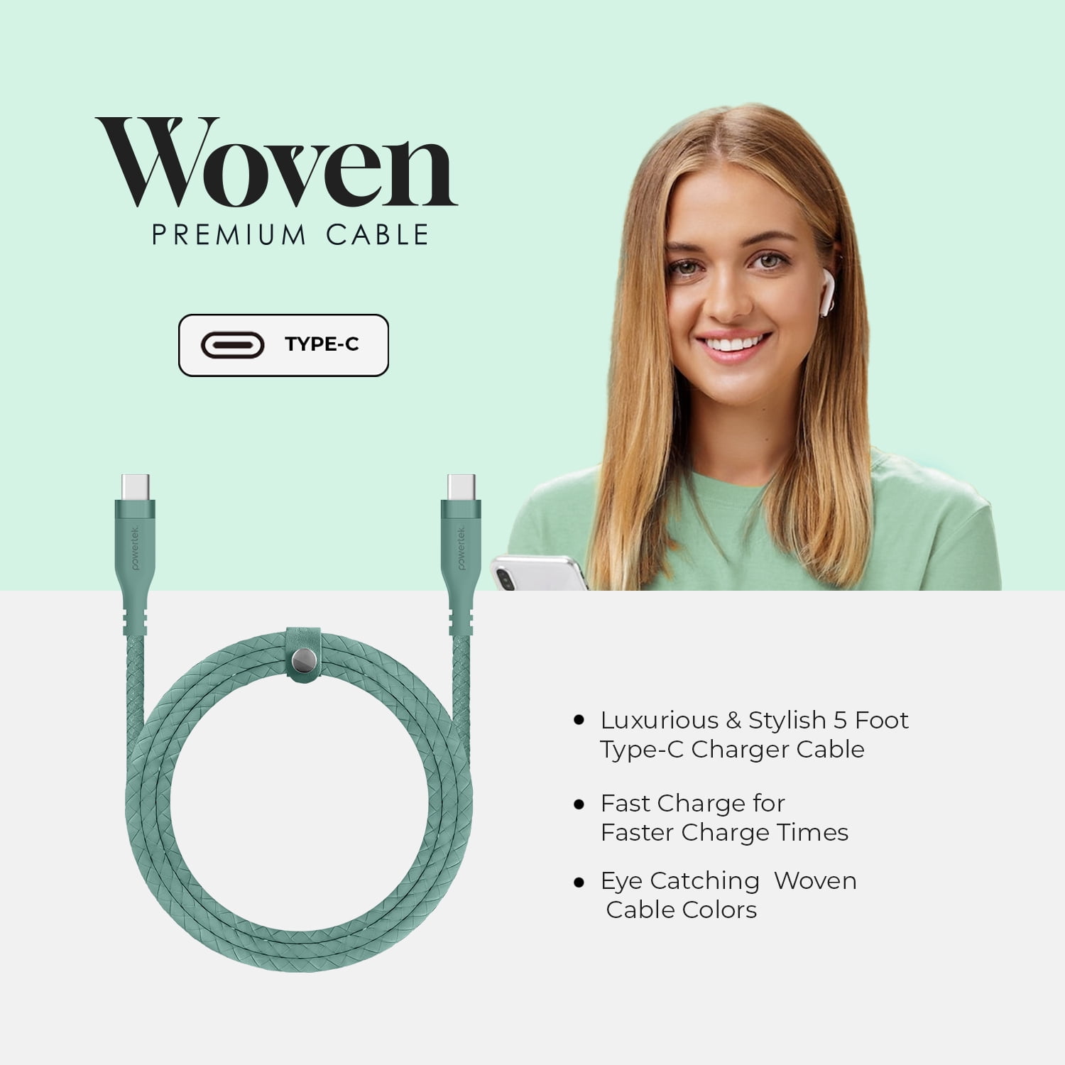 Liquipel Powertek USB-C to USB-C Woven Cable - Green