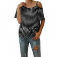 thumbnail image 4 of Women Summer Striped Cold Shoulder Tops Casual Loose T-Shirt Blouse Tunic Top, 4 of 5