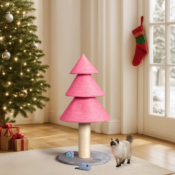 Alvantor Christmas Tree Cat Scratching Post Tower 31.5 in Tall Sisal Rope Scratcher with Fleece Base Pink