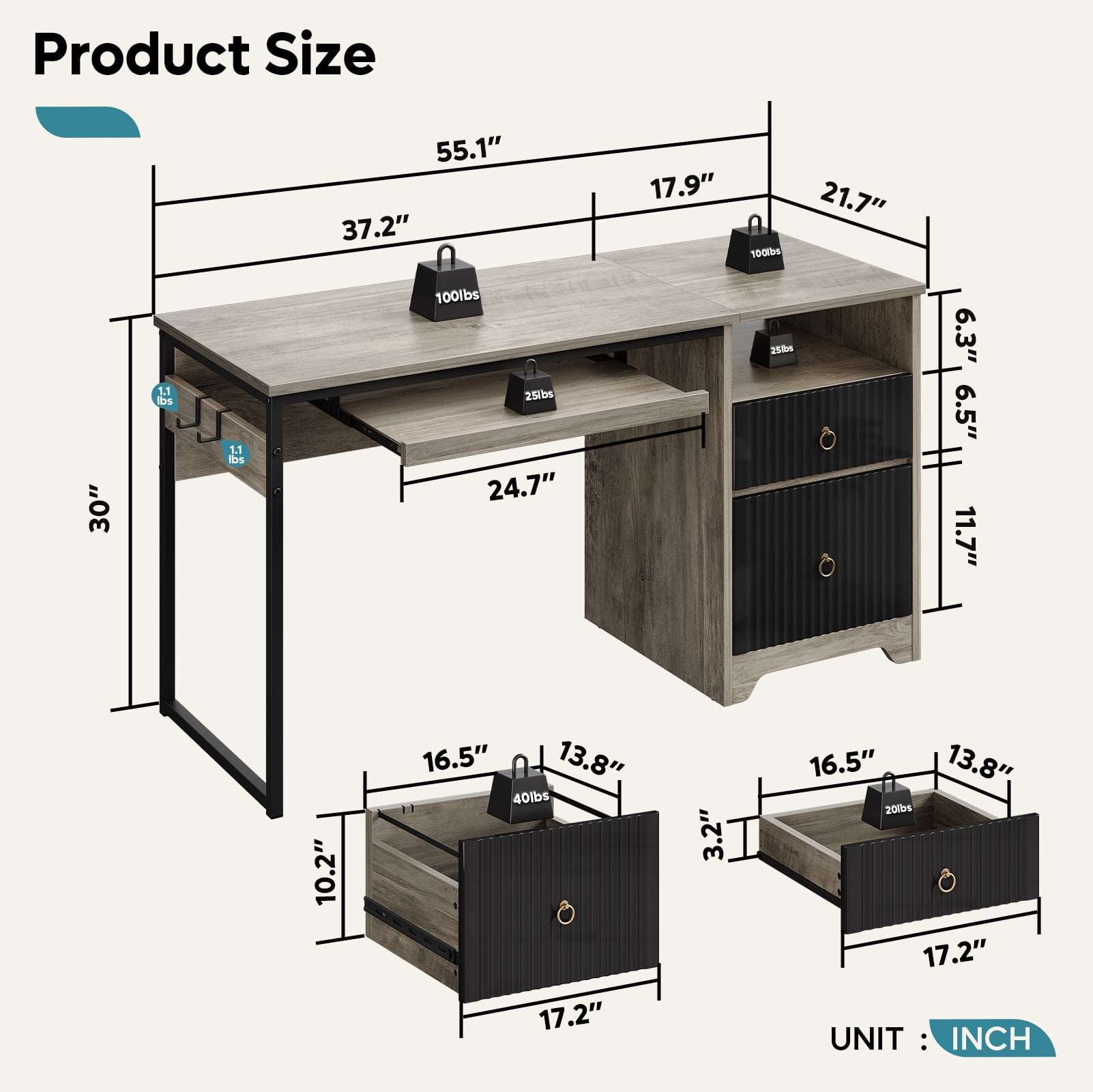 Bestier 55 Inch Office Desk with Drawers, Keyboard Tray, 2 Hooks, Modern Fluted Computer Desk for Home, Grey