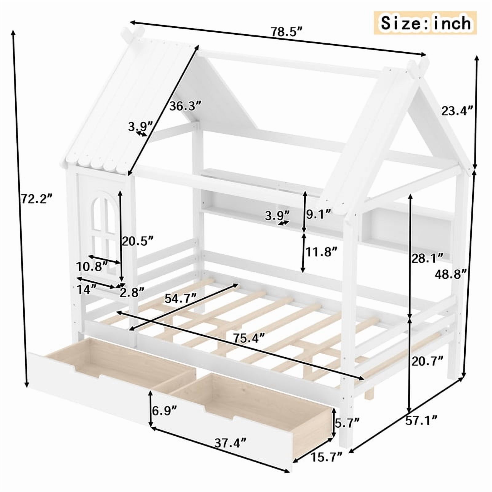 Bellemave Full Size House Bed with Storage Drawers, Wooden Montessori Bed with Shelves and Fence Rails, Full Bed Frame with Window for Bedroom, No Box Spring Needed,White