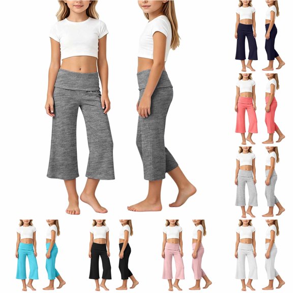 Krdevn Girls Solid Fold Over Waist Capri Flare Yoga Pants Stretch Casual Bottoms 9-10 Years,Grey