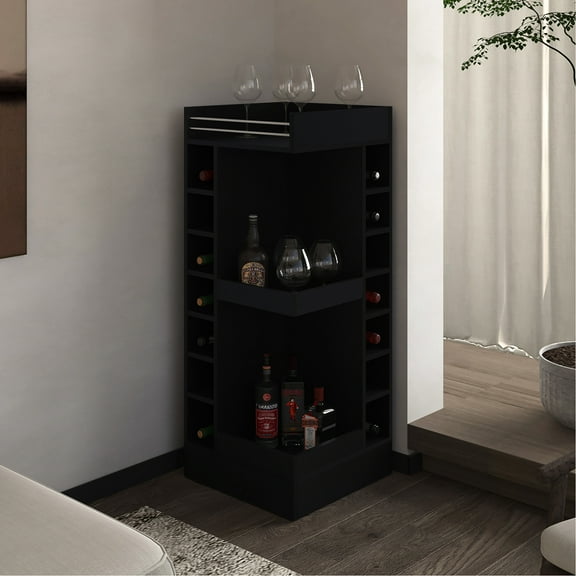 Black Corner Bar Unit - Wine Bottle Compartments And Open Shelf Scratch- Modern Home Cabinet Bottles Display Finish Living Furnishing