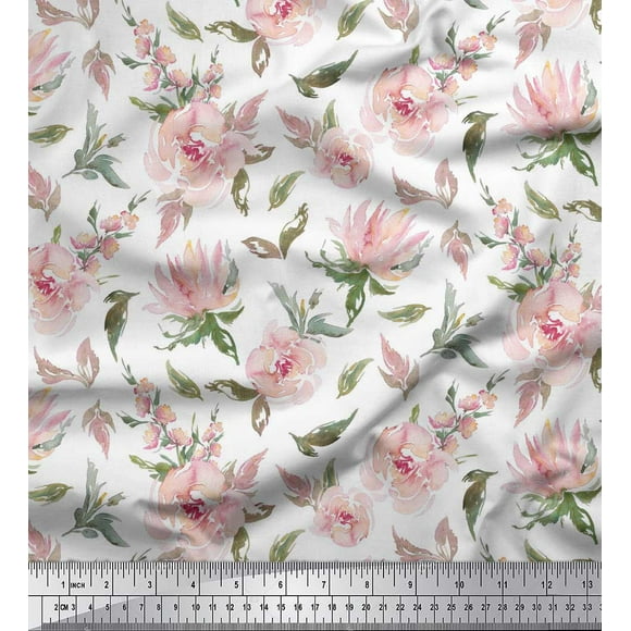 Soimoi White Heavy Satin Fabric Flower & Leaves Watercolor Fabric Prints By Yard 54 Inch Wide