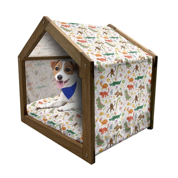 Animals Pet House, Jolly Cartoon Animals Colorful Flowers and Hearts for Cheerful and, Outdoor & Indoor Portable Dog Kennel with Pillow and Cover, 5 Sizes, Multicolor, by Ambesonne