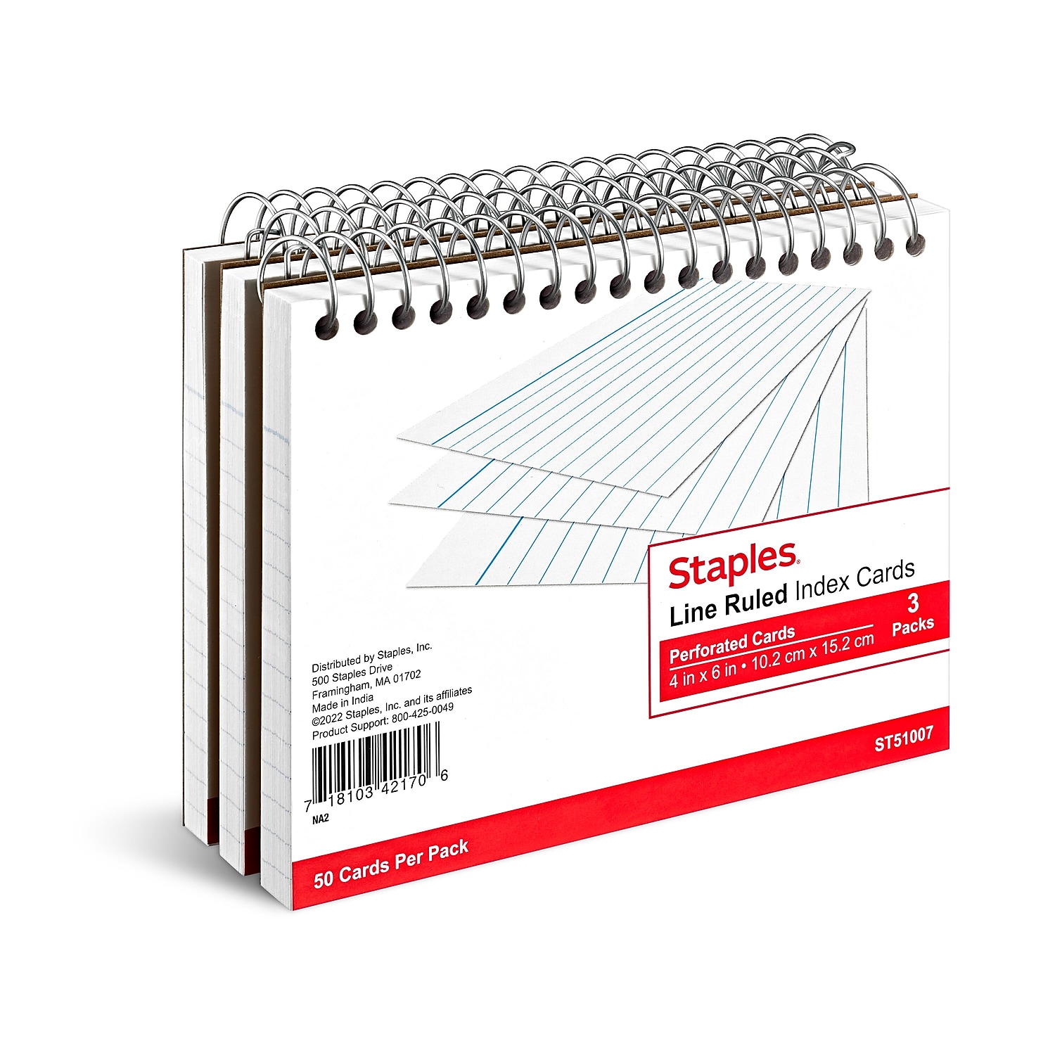 Staples Spiral Bound Index Cards, 4" x 6", 50 Count