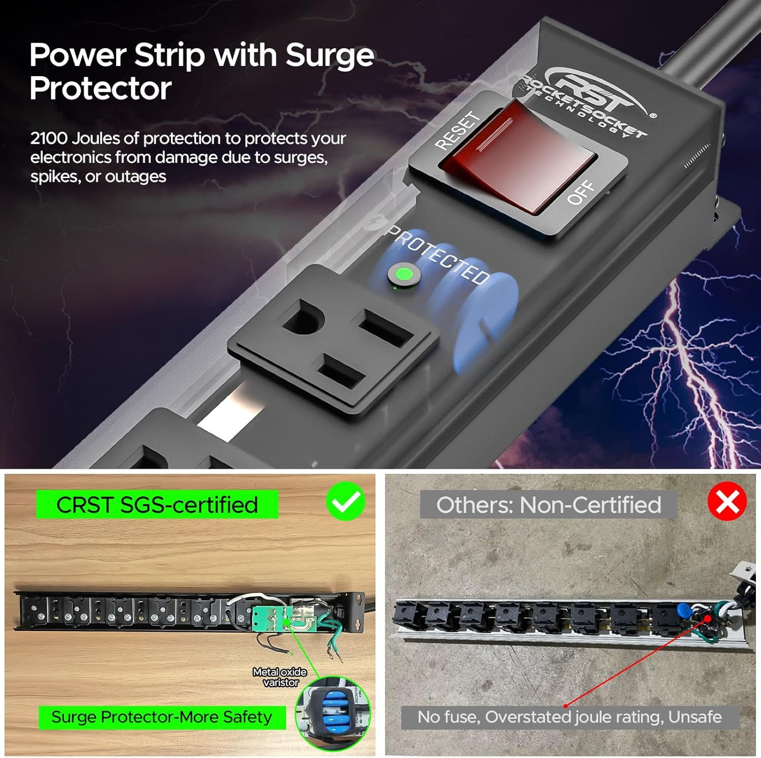 8 Outlet Metal Heavy Duty Power Strip, 2100J Surge Protector with 6FT Cord, 15A/1875W Wide Spaced Mountable Industrial Power Strip for Garage/Workshop/Office