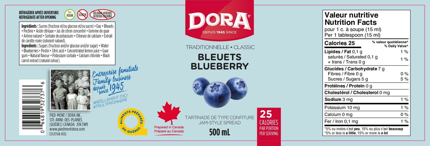 DORA BLEUETS LÉGÈRES TRADITIONNELLE AVEC PECTINE DORA BLEUET LÉGÈRE 500ML