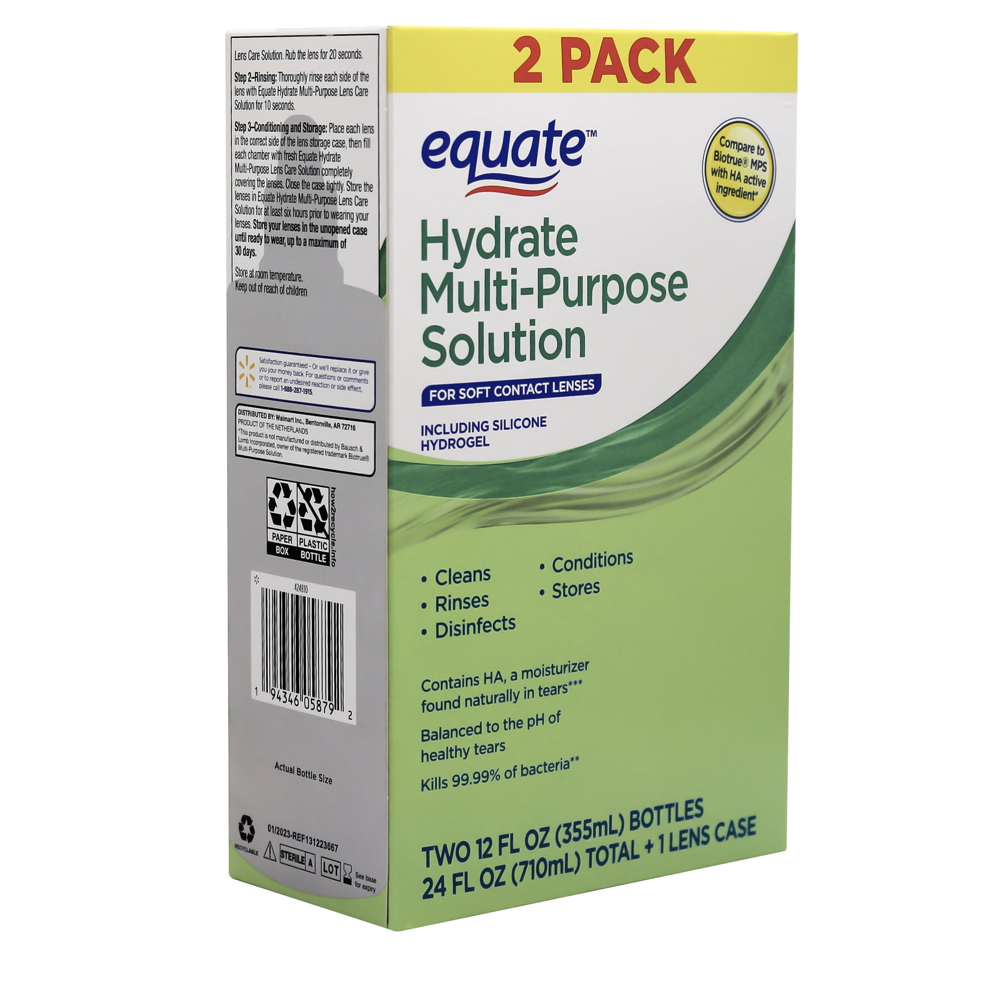 Equate Hydrate Multi-Purpose Solution Liquid for Soft Contact Lenses, 242 fl oz (2x12 fl oz) + 1 Lens Case, Compare to Biotrue® MPS with HA Active Ingredient