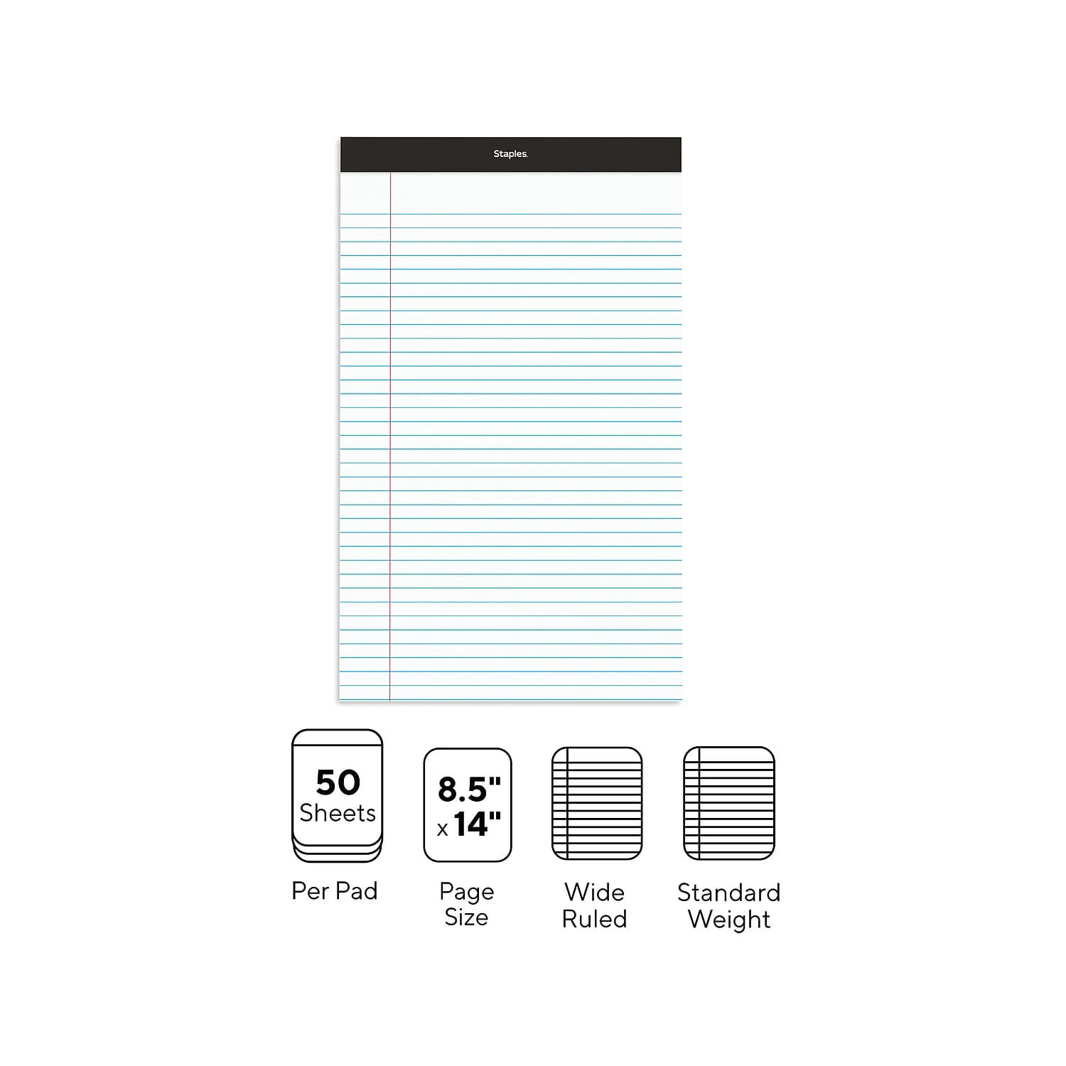 Staples Notepads 8.5" x 14" Wide White 50 Sh/Pad 12 Pads/PK (51297/26786) TR57342/26786