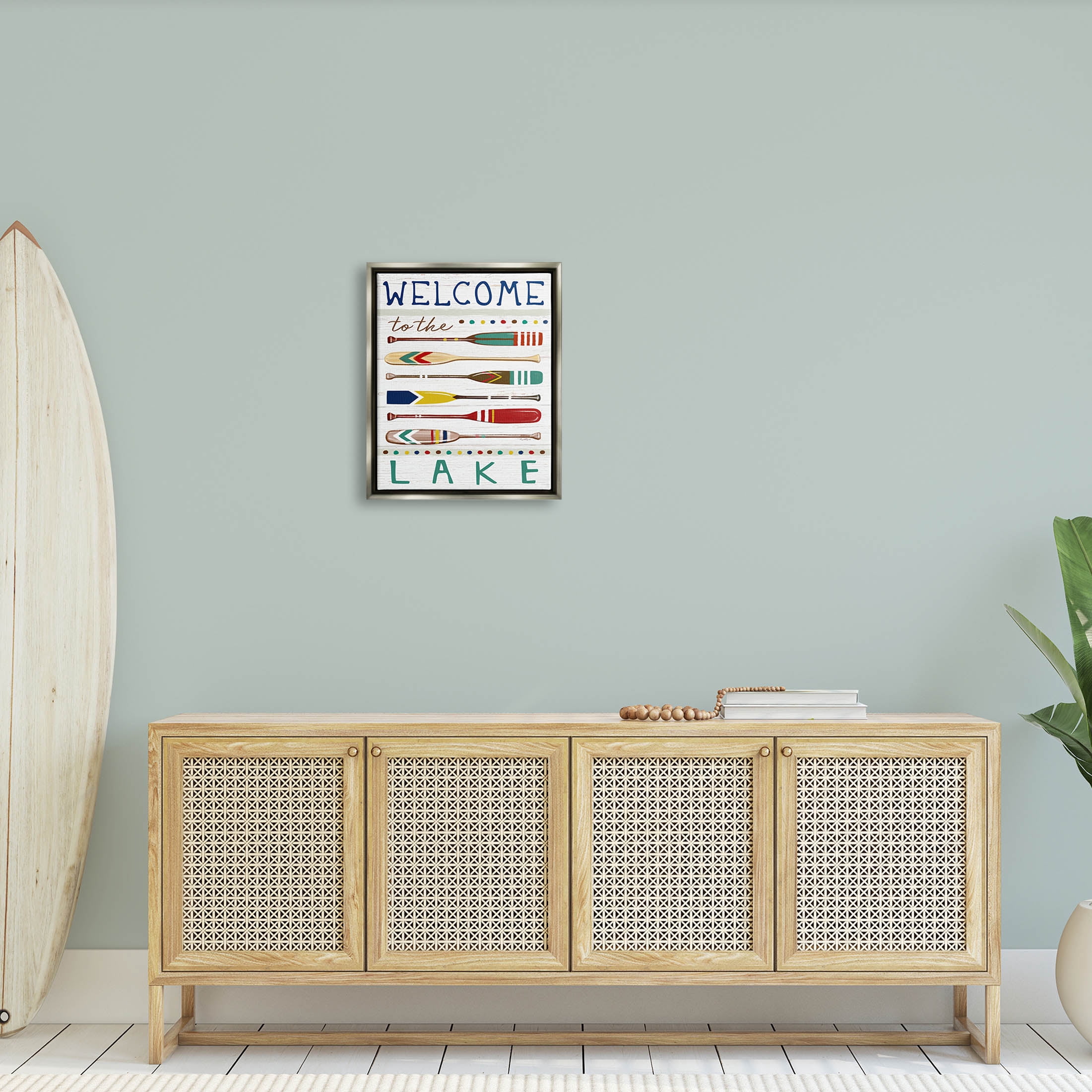 Stupell Industries Lake Welcome Sign Striped Oars Graphic Art Luster Gray Floating Framed Canvas Print Wall Art, Design by Elizabeth Tyndall