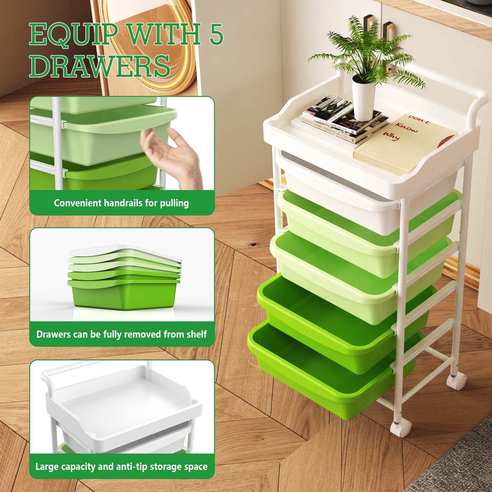Drawer Rolling Storage Cart, Multipurpose Movable Organizer Cart, Mobile Utility Storage Cart with Removable Drawers & Lockable Wheels, Craft Cart for Home Office, Green