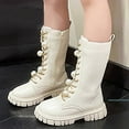thumbnail image 2 of Girls Combat Boots Pearl Strap Lace up Chunky Non Slip Mid Calf Riding Booties Trendy Fall Dress Long Motorcycle Boots White 3 Big Kids, 2 of 6