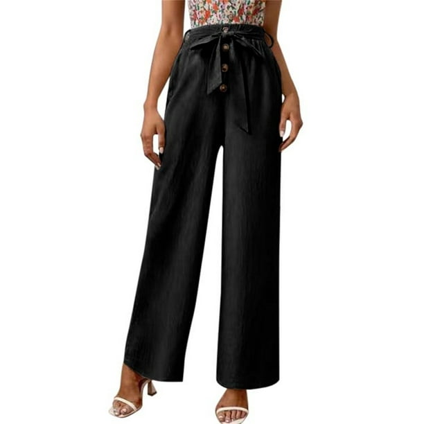 Gibobby Pantalones de Casuales para Mujer Pantalones casuales de cintura alta con botón de pantalón largo a la de lino y algodón para mujer con cinturón (Negro, XXXL)