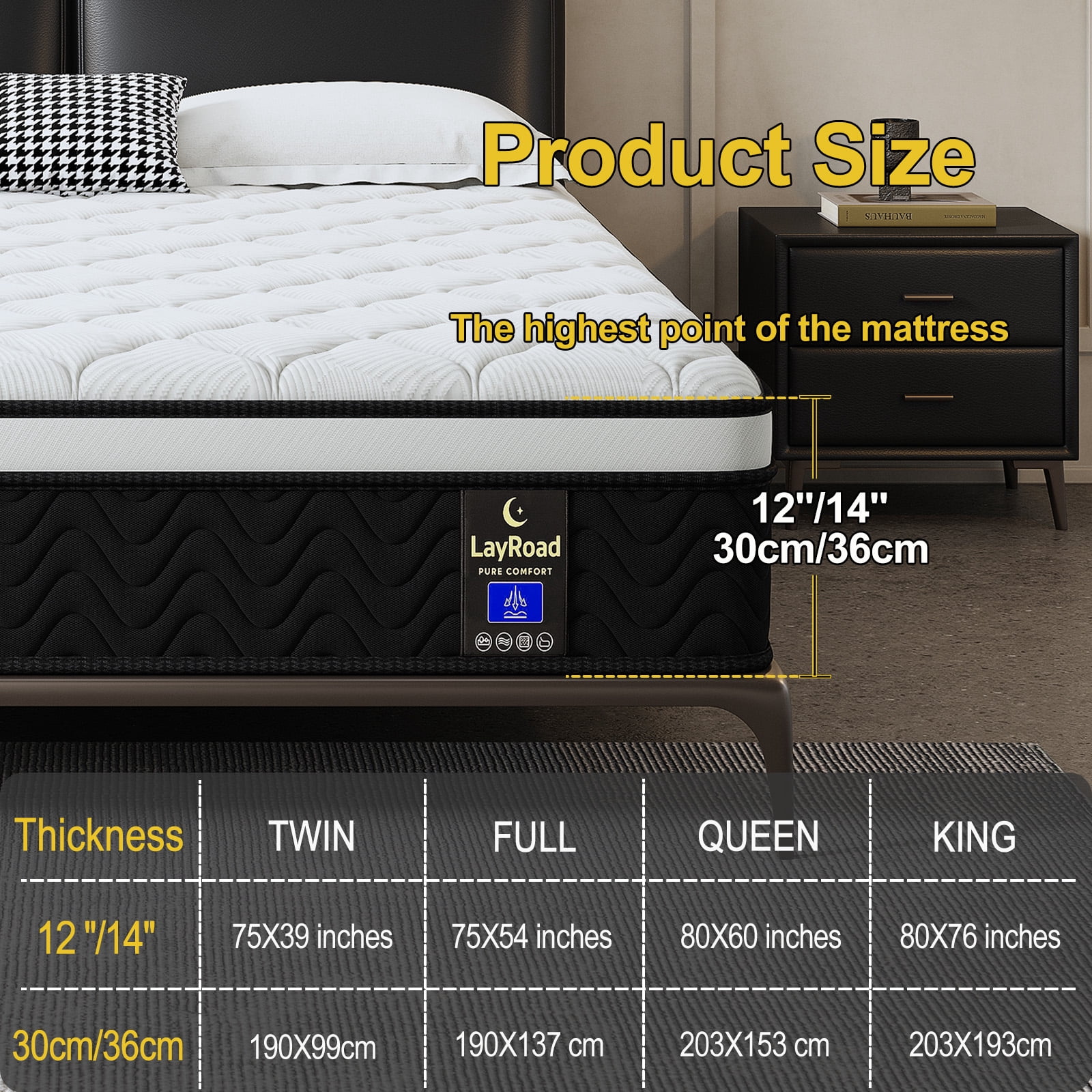 LayRoad 14 Inch Twin Mattress, Medium Firm, Cooling Comfort & Motion Isolation, CertiPUR-US Certified, 100-Night Trial, Black White