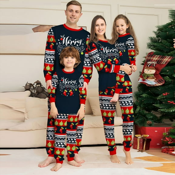 Onlypjs Family Matching Christmas Pajamas – Navy "Merry Christmas" Top & Festive Ornament Print Pants for Women, Men, Couples
