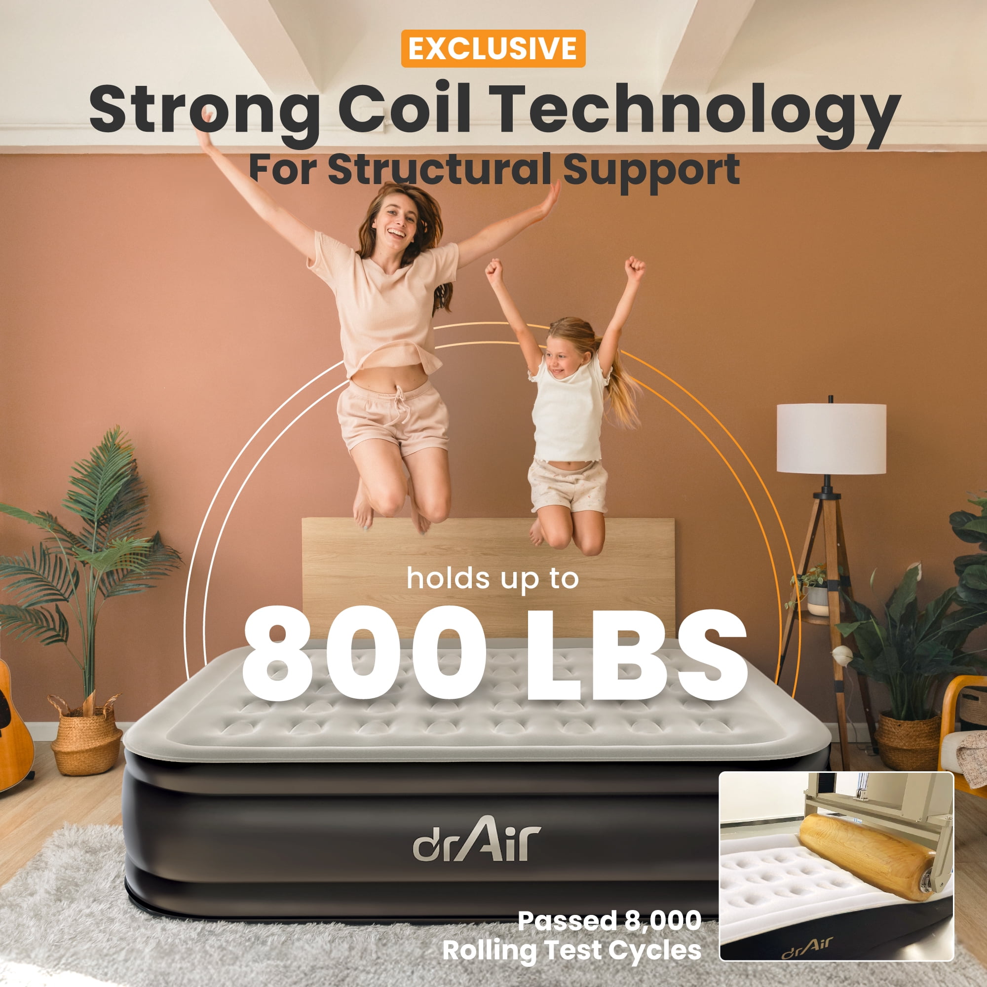 Dr. Air Queen Air Mattress, 18” Raised Inflatable Bed with Built-in Pump, Waterproof Velvety Top, Ergonomic Design, Reinforced Support, and Carry Bag for Home, Camping, and Guests