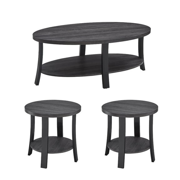 Roundhill Furniture Anze Contemporary Oval Wood Shelf 3-Pc Coffee Table Set in Charcoal Finish