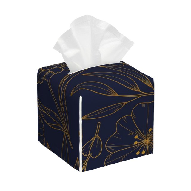 Bingfone Copper-Gold Gloss Outline Flower for Square Leather Tissue Box, PVC Waterproof Tissue Box Holder, Suitable for Living Room, Bathroom, Office