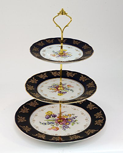 24K Gold Cobalt Blue Pattern Royalty Porcelain 3-Tier Cake and Cupcake Stand 
