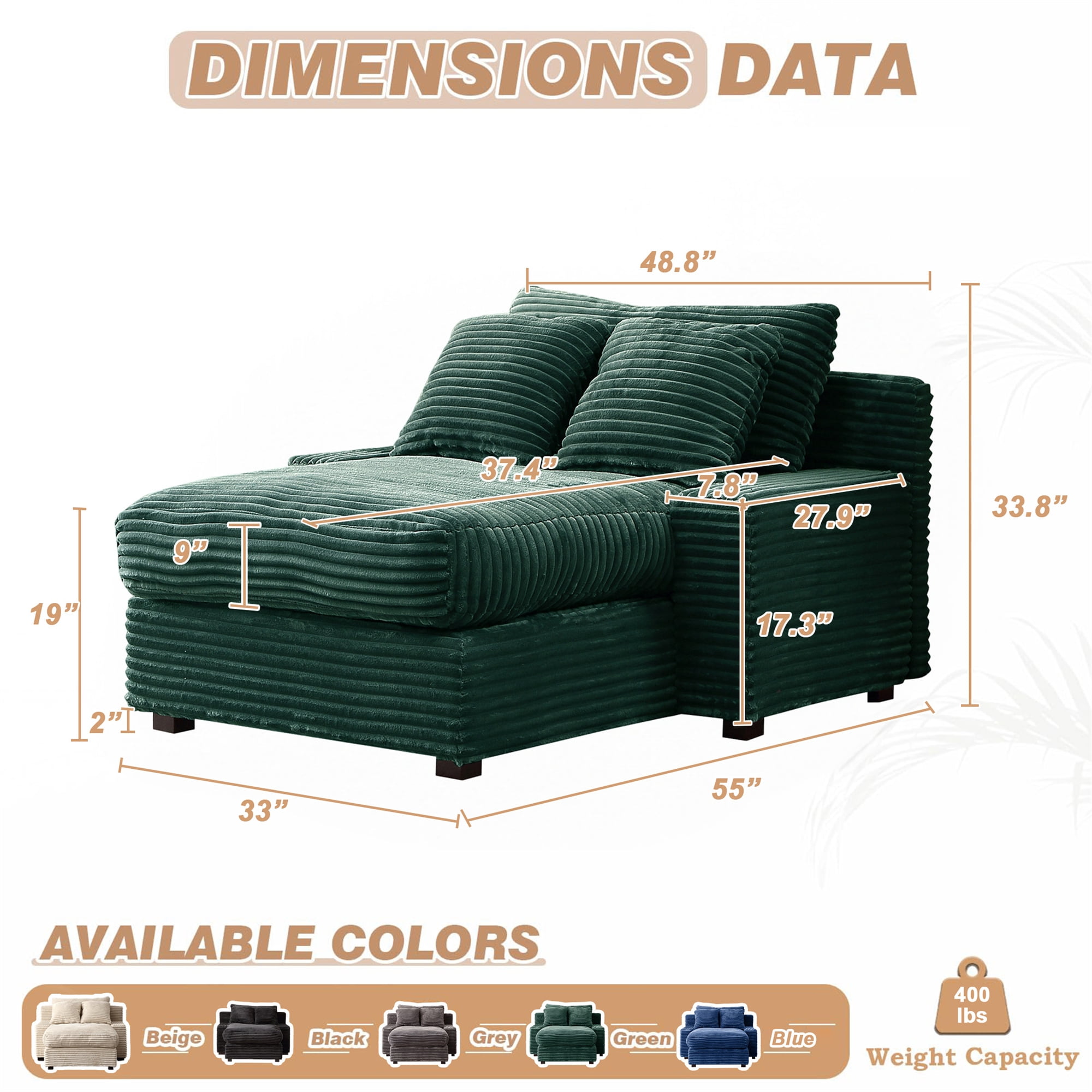 Aukfa 49" Chaise Lounge Oversized Corduroy Sofa Plush Chair Bed w/ 3 Pillows for Living Room, Green