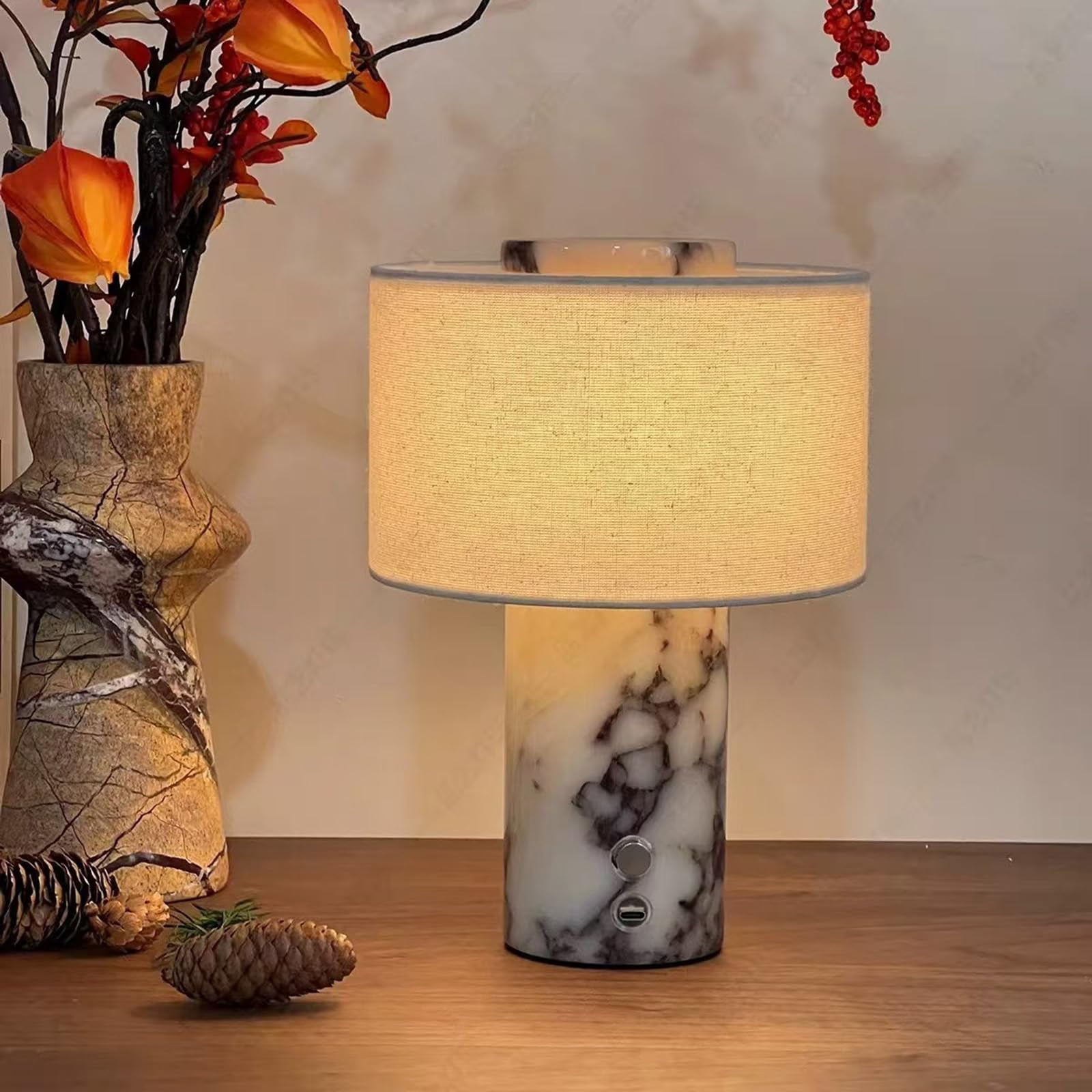 Marble Luxury Stone Rechargeable Touch Table Lamp, Cylindrical Shape, Linen Cloth Fiber Lampshade, High-End and Light Luxury, Bedroom Bedside Table Night Light（Black, White）