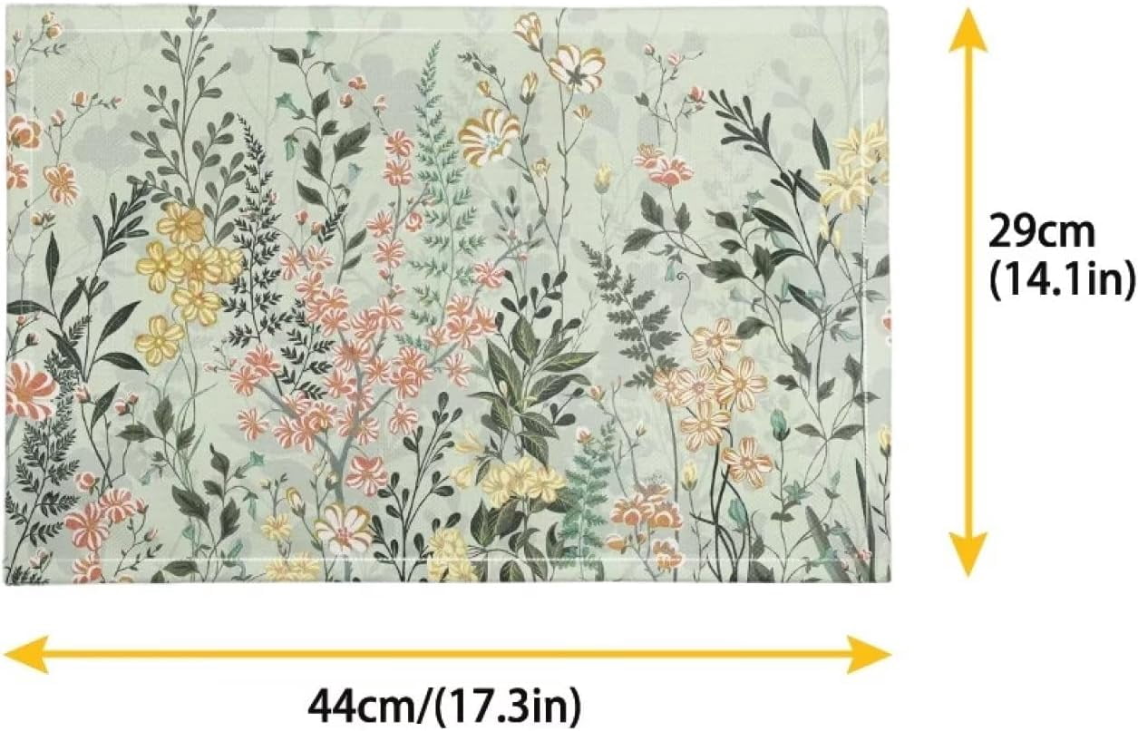 4 PCS Washable Tablemats for Home Farmhouse, Easy to Clean Foldable Heat Resistant linen Weave Rectangle Table Mats for Home Ornaments, Flower Leaf Green