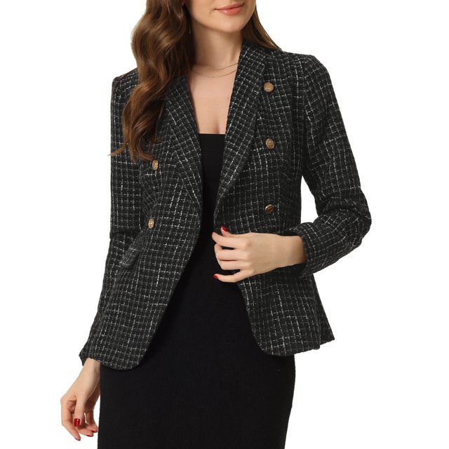 BLAZER DE TWEED CON SOLAPA A CUADROS ELEGANTE PARA MUJERES CHIC EN NEGRO TAMAÑO L