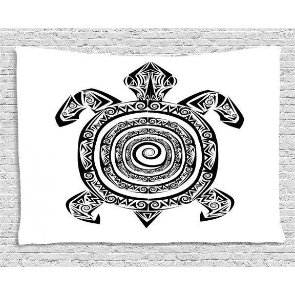 Black and White Tapestry, Monochrome Turtle with Spiral and Stripes on Bullseye Pattern Shell, Wall Hanging for Bedroom Living Room Dorm Decor, 60W X 40L Inches, Black and White, by Ambesonne