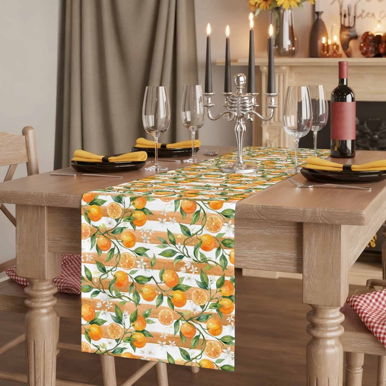 table runner 亀甲取り花丸　帯リメイク　長尺250㎝ Orange Table Runner, Green Botanical Striped Summer Fruits