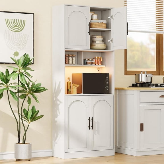 【Labor Day Sale】White 71" Tall Kitchen Pantry Storage Cabinet with LED Lights & Microwave Shelf for Dining Room, Bathroom, Living Room