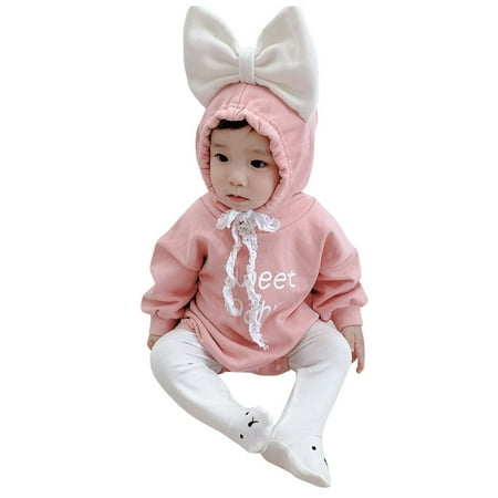 

Baby Girls Bodysuits Letter Bowknot Cute Hooded Romper Bodysuit