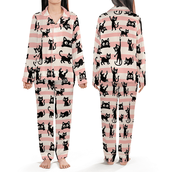 Cute Black Cat Pajamas Set – Cartoon Cat Print Nightwear, Christmas Valentine Birthday Gift for Cat Lovers