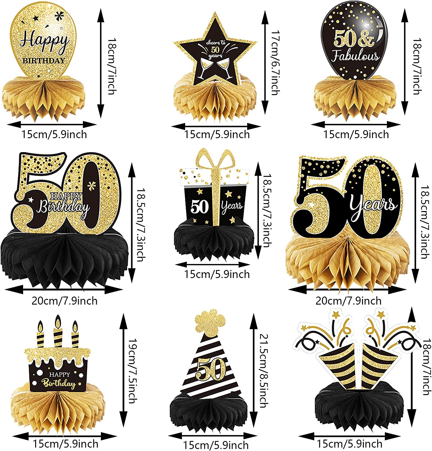 9-Piece Black and Gold 50th Birthday Honeycomb Centerpieces photo 6