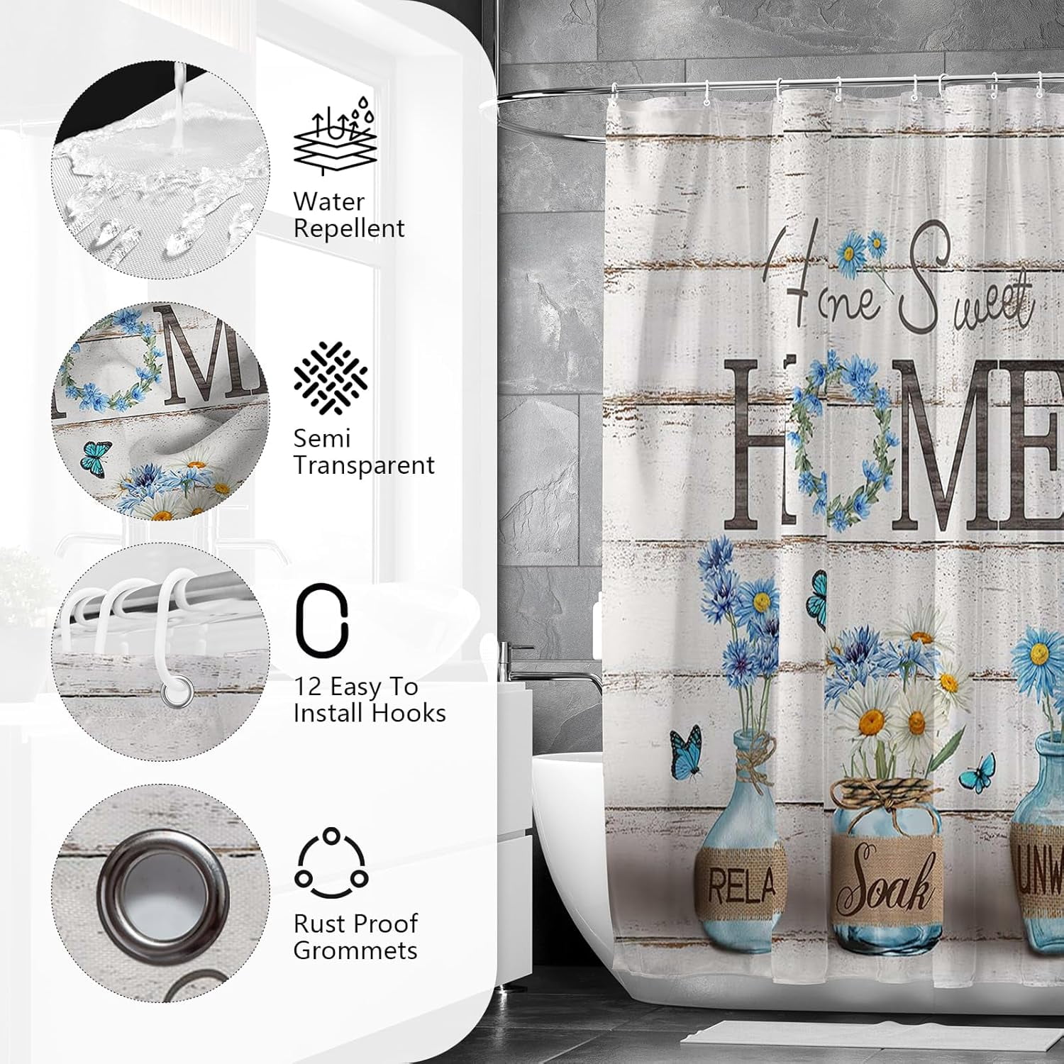 4PCS Farmhouse Shower Curtain Sets for Bathroom, Green Eucalyptus Rustic Bathroom Set with Shower Curtain and Rugs, Country Style Home Sweet Home Vintage Bathroom Decor Accessories
