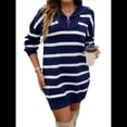 thumbnail image 2 of Vestido Tipo Sudadera de Rayas de Gran Tamaño para Mujer, Otoño 2025, con Cremallera 1/4, Larga, Sudadera de Punto, Minivestido Tipo Jersey. Azul Profundo S, 2 of 10