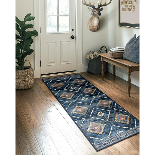 BESTSWEETIE Area Rug 2x6 for Living Room Southwest Washable Rugs Western Aztec Soft Low Pile Non Slip Print Pattern Indoor Carpet for Bedrooms Dining Room, Dark Blue