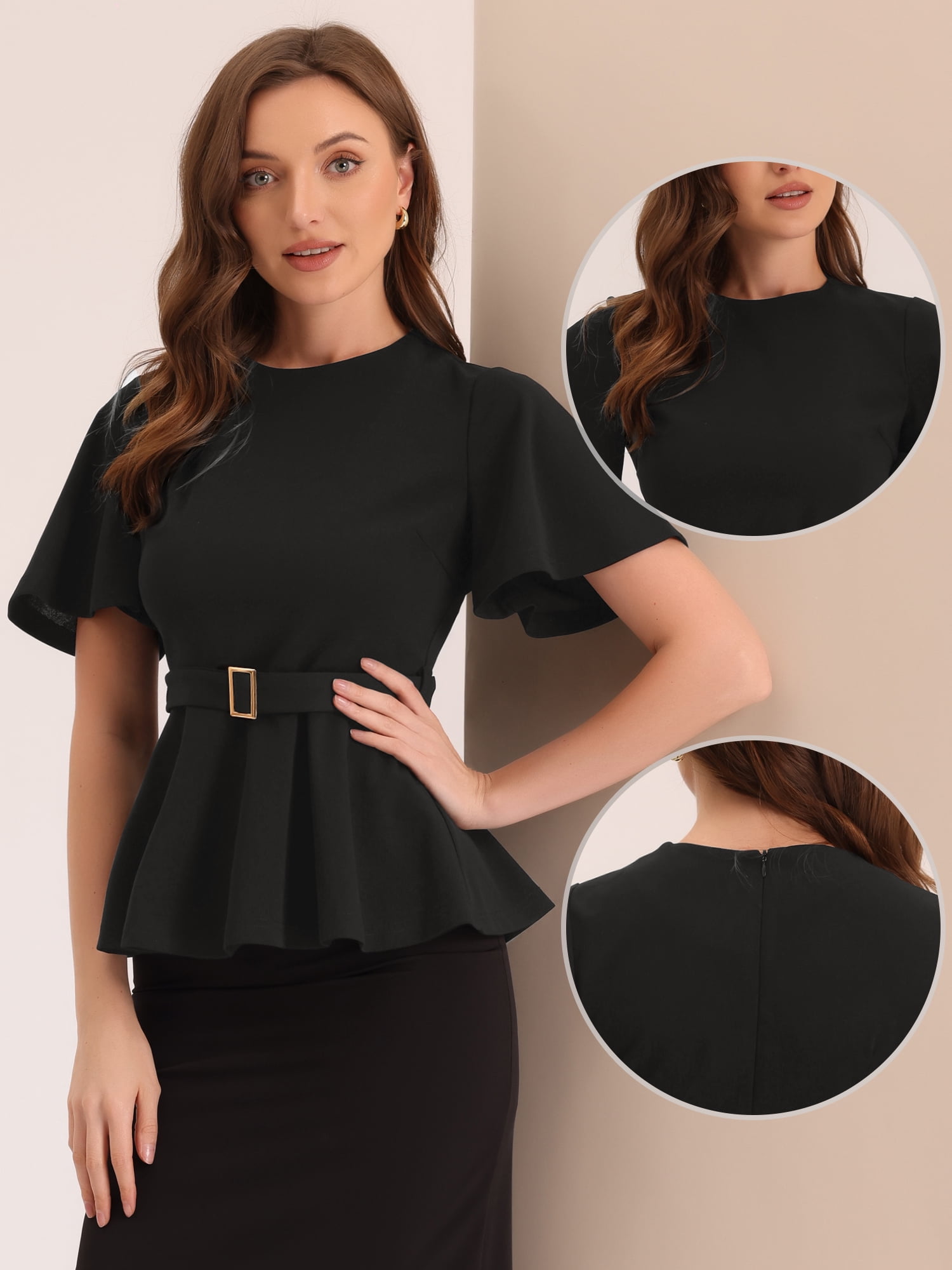 Unique Bargains Women's Peplum Round Neck Bell Sleeve Belted Waist Blouse M Black