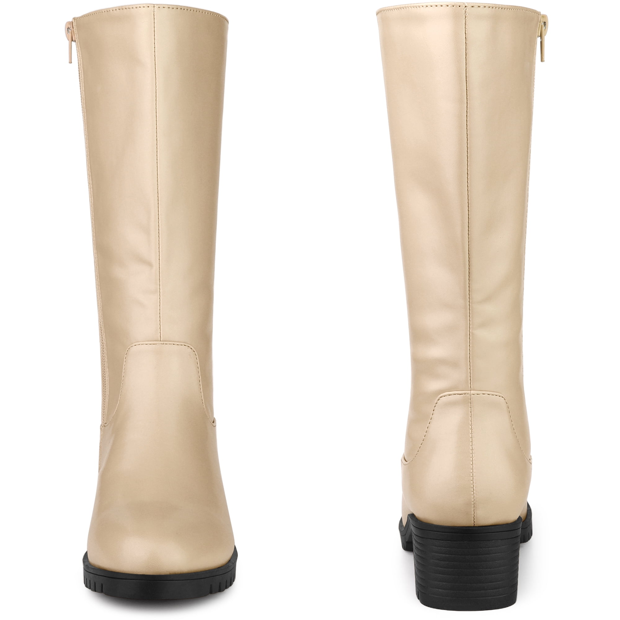 Unique Bargains Round Toe Side Zip Low Chunky Heels Mid Calf Boots for Women Beige 9