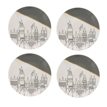 Harry Potter Plates, Set of 4 Plates – Premium Dishware For Food, Meals & Snacks - A Magical Novelty Mealtime Gift – Ceramic White / Grey with Hogwarts Silhouette & Gold Plated