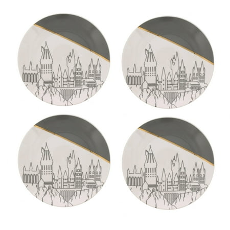Gray Plates Party Supplies Harry Potter Plates, Set of 4 Plates – Premium Dishware For Food, Meals & Snacks - A Magical Novelty Mealtime Gift – Ceramic White / Grey with Hogwarts Silhouette & Gold Plated Finish ()