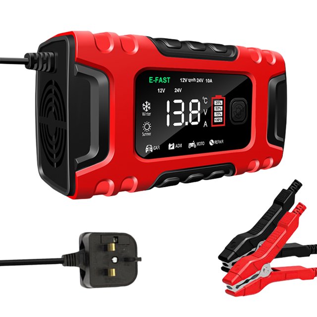 Cargador De Batería De Coche Cargador de batería inteligente de 12V y 10A con pantalla grande para plomo-ácido AGM GEL (rojo Reino Unido)
